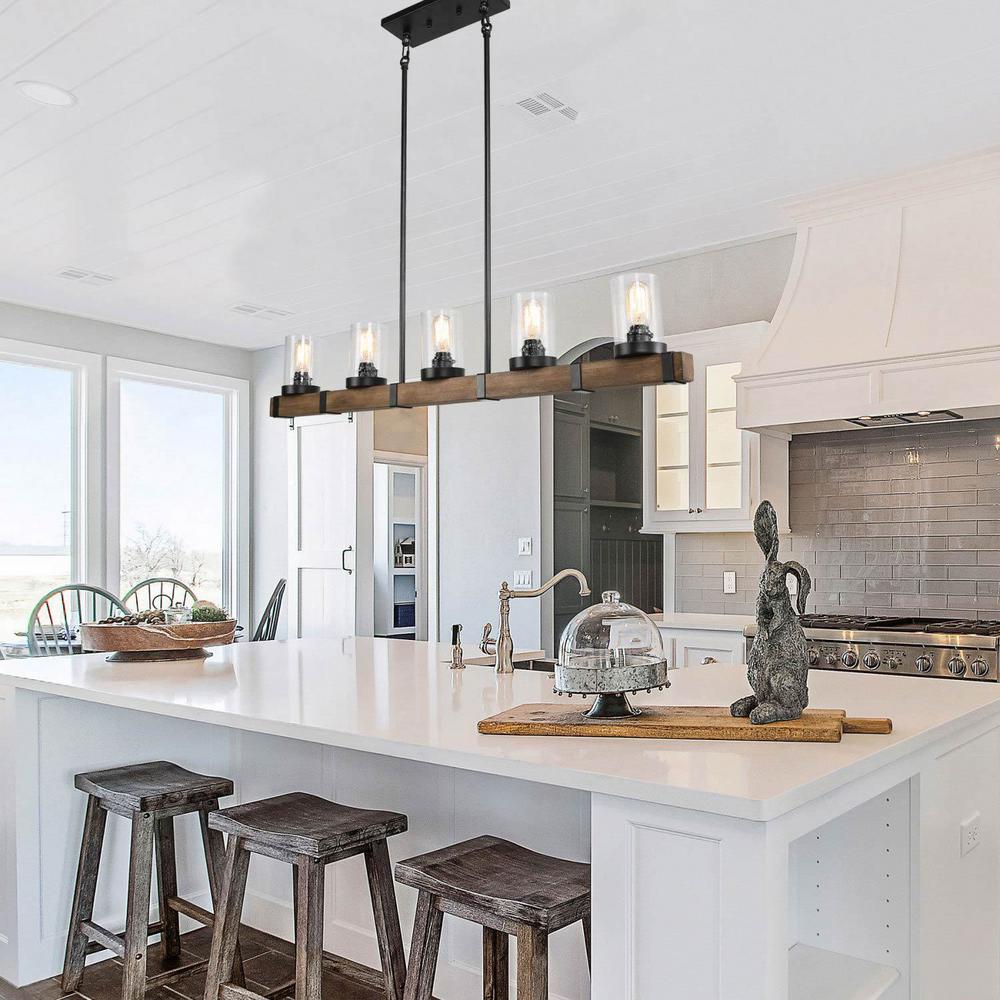 Lnc Modern Farmhouse Chandelier Lighting 5 Light Black Rustic Wood Beam Pendant With Seeded Glass Shade A03528 The Home Depot - Maria 5 Light Kitchen Island Pendant