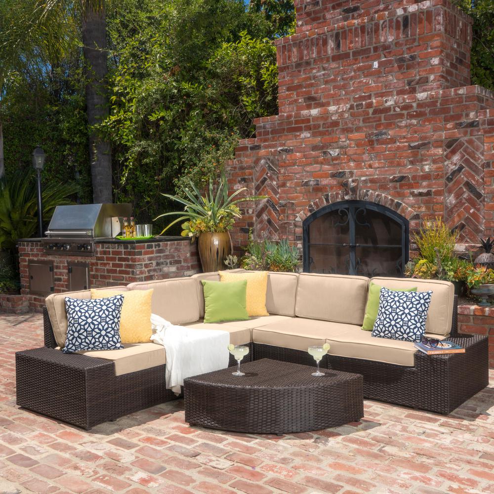Noble House Santa Cruz Dark Brown 6 Piece Wicker Outdoor Sectional Set With Beige Cushions