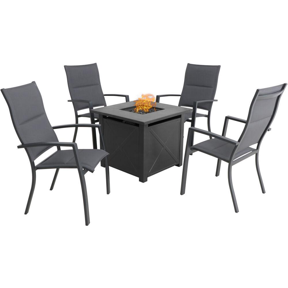 Hanover Naples Gray 5 Piece Aluminum Patio Fire Pit Set Featuring 4 Padded Sling Chairs And 40 000 Btu Tile Top Fire Pit Table Naples5pchbfp Gry The Home Depot