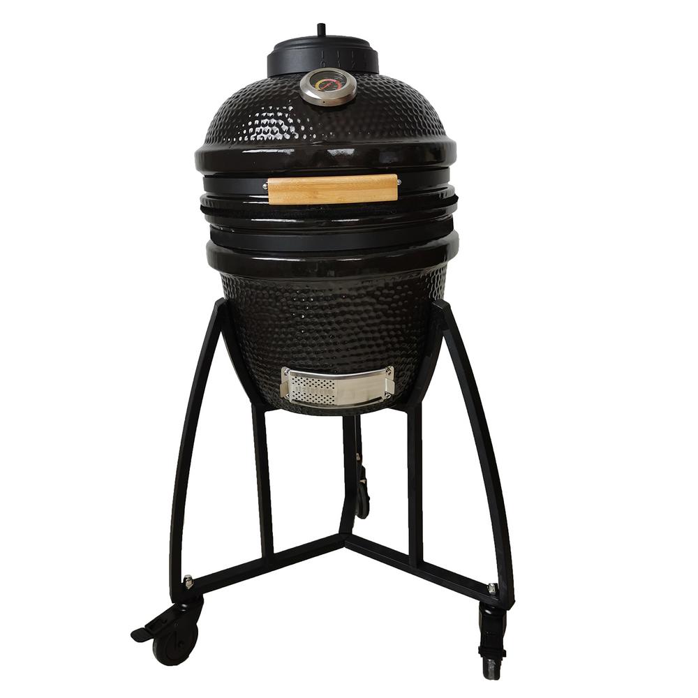 Lifesmart 15 in. Kamado Ceramic Grill and Smoker Value Bundle with Cover and Pizza Stone in Black