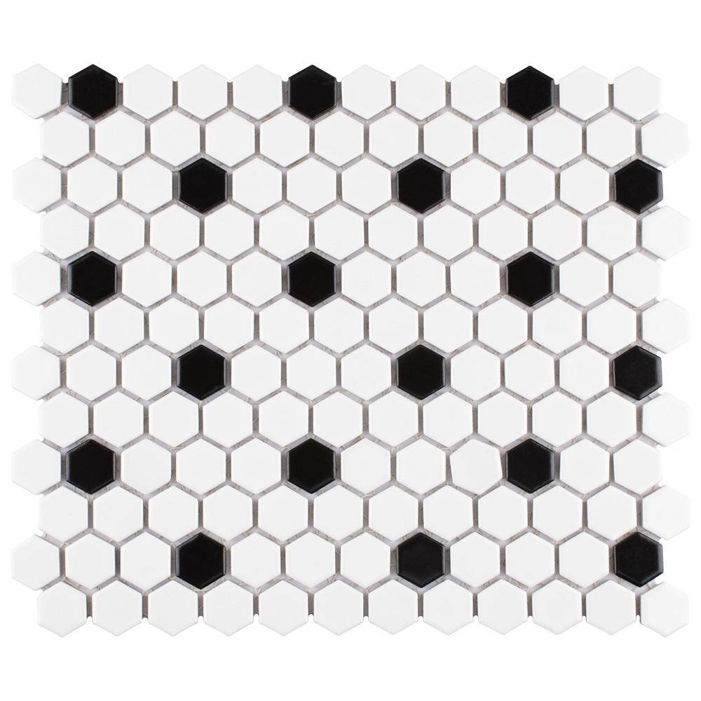 Merola Tile Metro Hex Matte White With Black Dot 10 1 4 X11 7 8 X Merola Tile Metro Hex Matte White With
