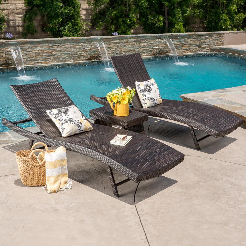 Noble House Kauai Multi-Brown 3-Piece Wicker Outdoor Chaise Lounge