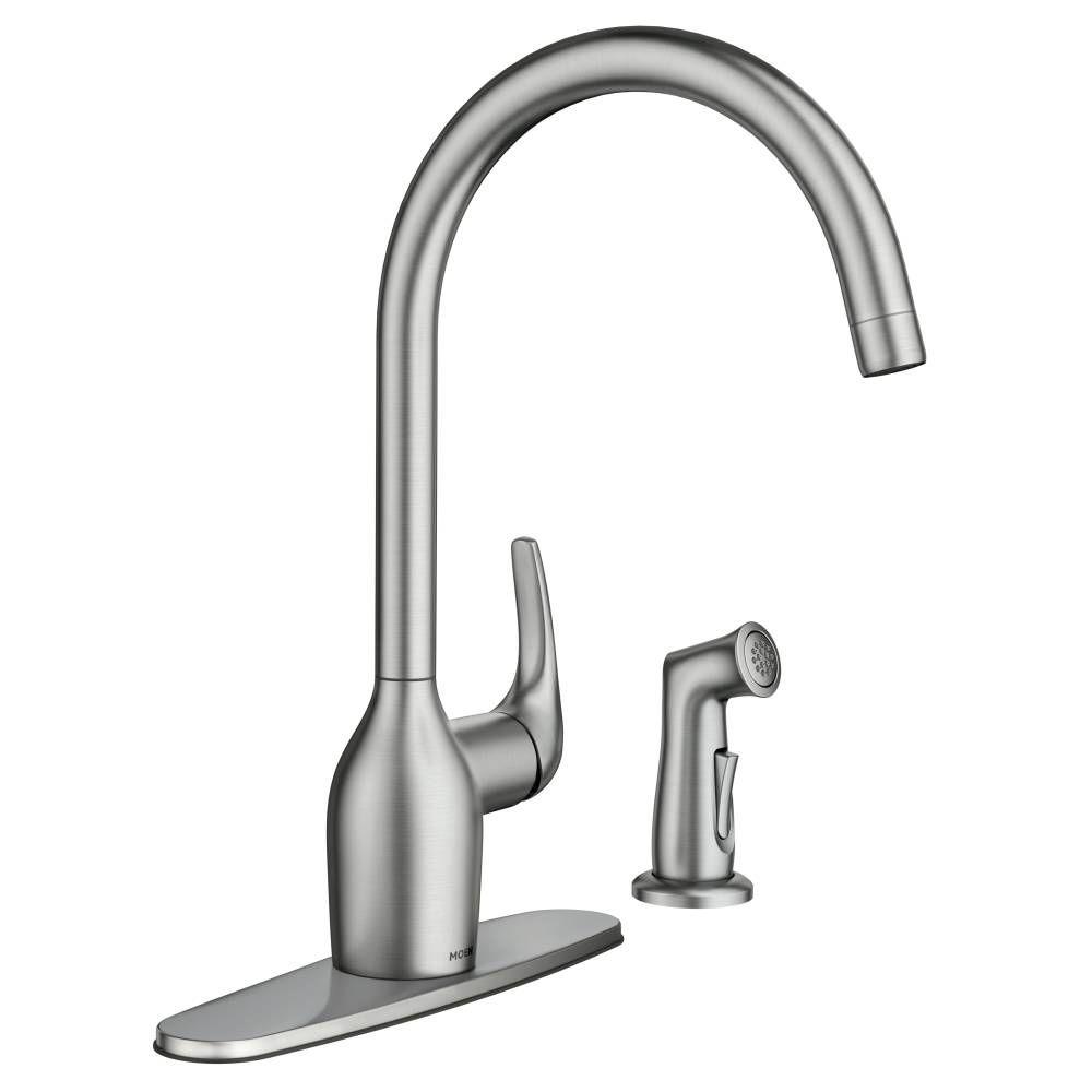 Moen Essie Single Handle Standard Kitchen Faucet With Side Sprayer In Spot Resist Stainless 87735srs The Home Depot