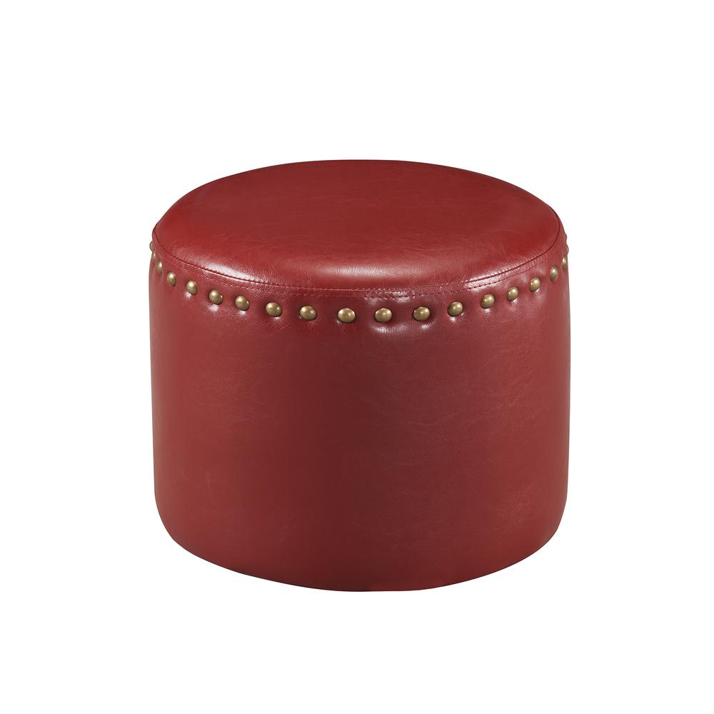 Red Nailhead Trim Faux Leather Round Ottoman Red Nailhead Trim Faux Leather Round Ottoman