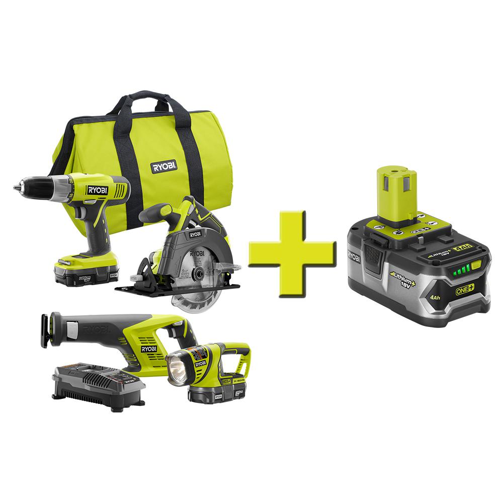 Ryobi 18Volt ONE+ LithiumIon Cordless Super Combo Kit (4Piece)P883