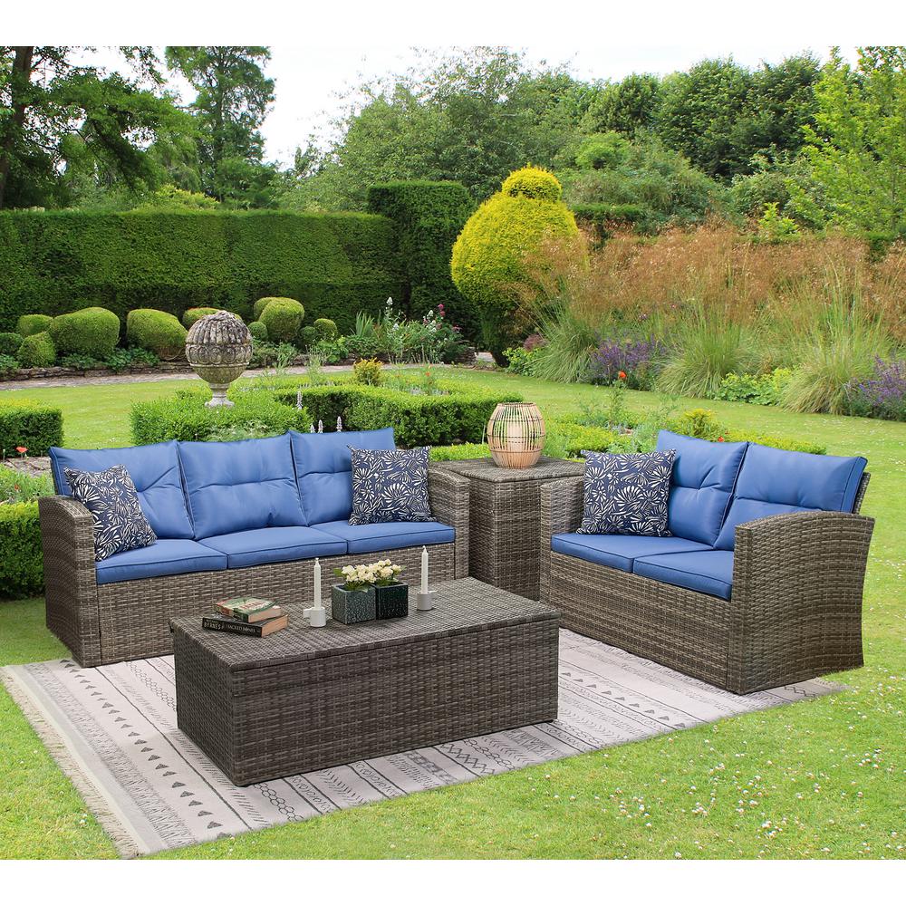 Boyel Living 4 Piece 5 People Rattan Patio Conversation Sofa Seating And Storage Table Group Set With Blue Cushions Cew Hz007 Gr The Home Depot
