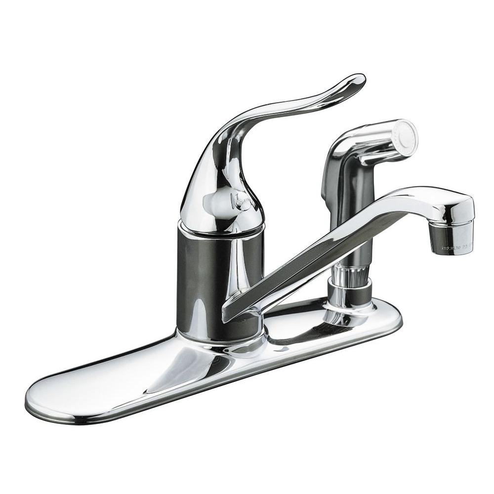 Kohler Coralais Low Arc Single Handle Standard Kitchen Faucet With Side Sprayer And Escutcheon In Polished Chrome K 15173 F Cp The Home Depot