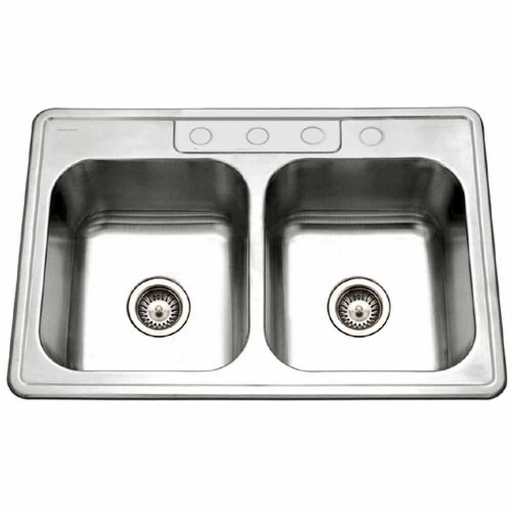 Houzer Glowtone Series Drop In Stainless Steel 33 In 4 Hole Double Bowl Kitchen Sink