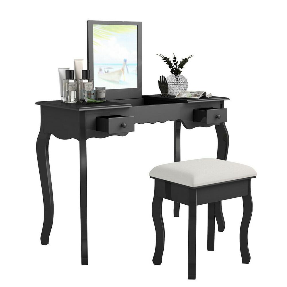Costway 2 Piece Black Vanity Dressing Table Set Mirrored Bathroom Vanity Dressing Table
