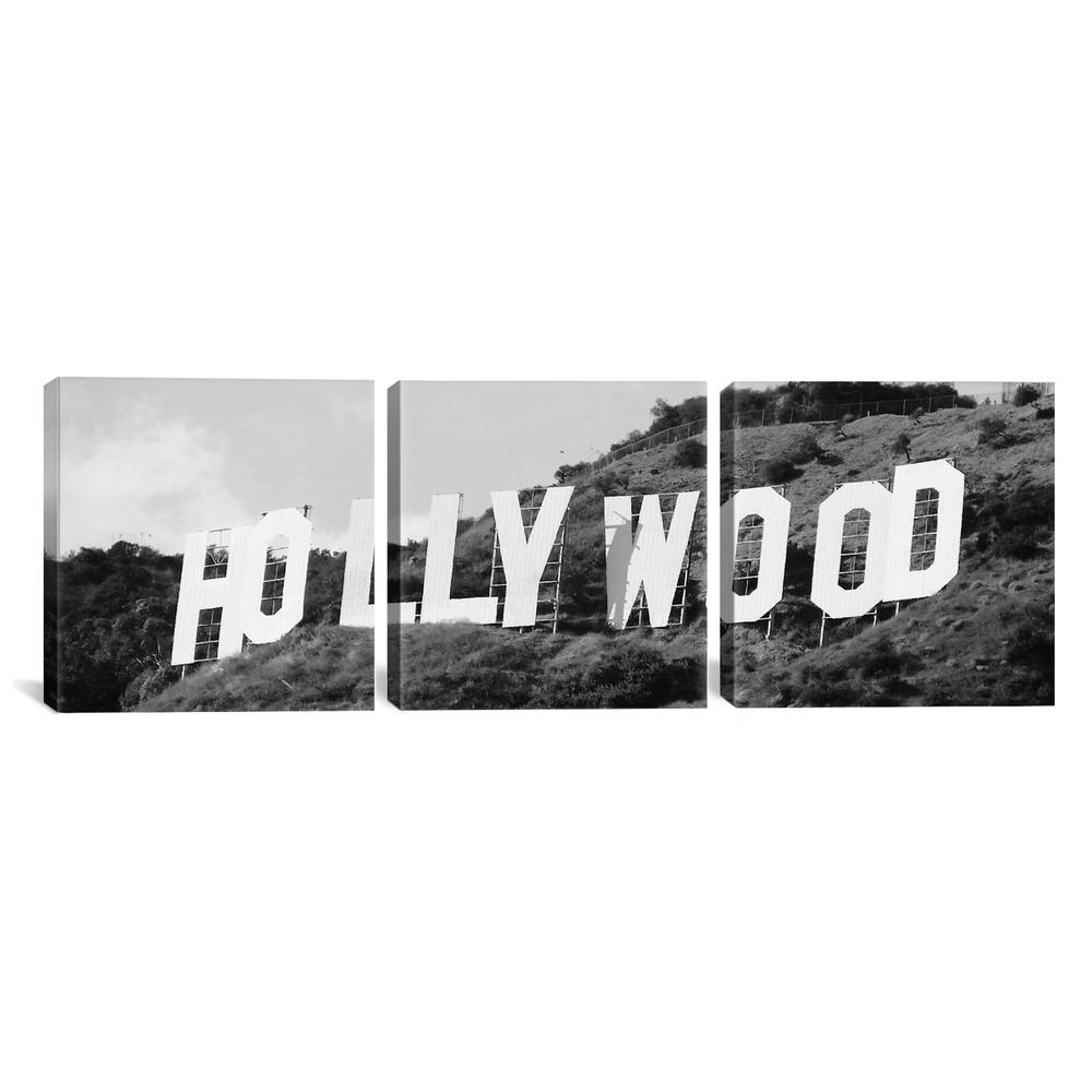 Icanvas Hollywood Panoramic Skyline Cityscape Black White Sign By Unknown Artist Canvas Wall Art 6053 3pc3 48x16 The Home Depot
