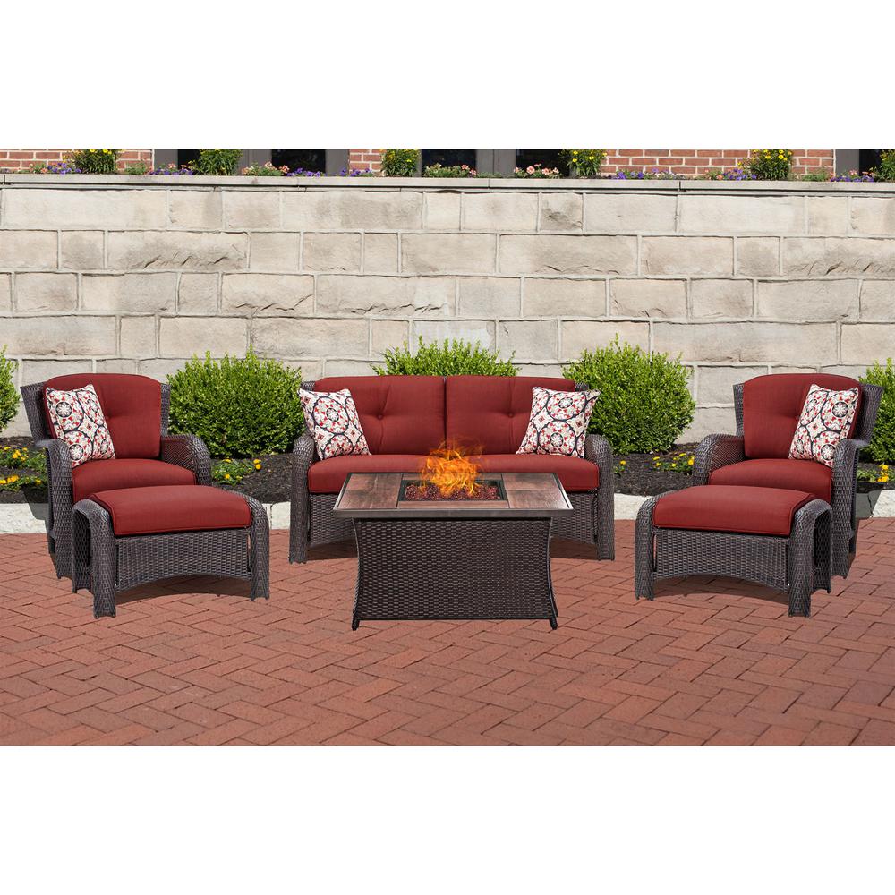 Hanover Strathmere 6 Piece Woven Patio Seating Set With Tile Top Fire Pit And Crimson Red Cushions Strath6pcfp Red Tn The Home Depot