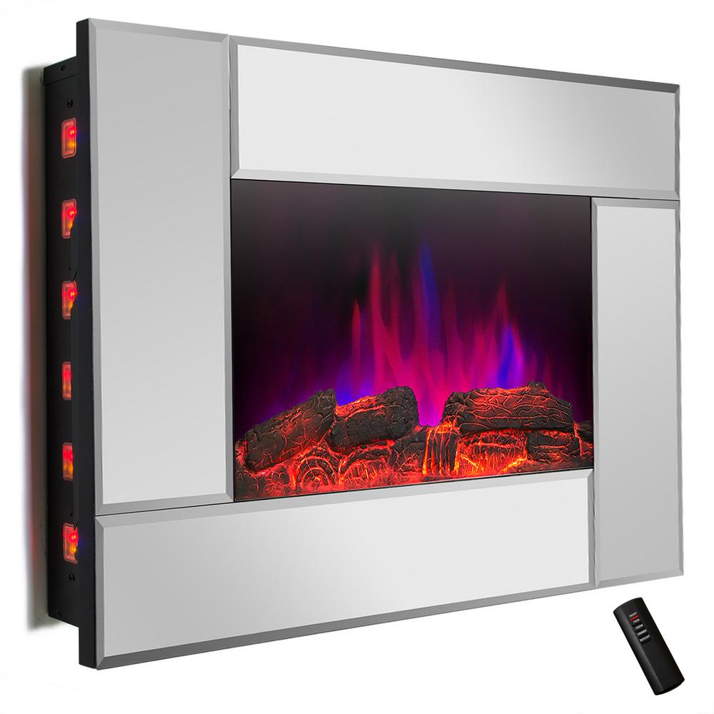 Akdy 36 In Wall Mount Electric Fireplace Heater Mirror With Tempered Glass Pebbles Logs And Remote Control