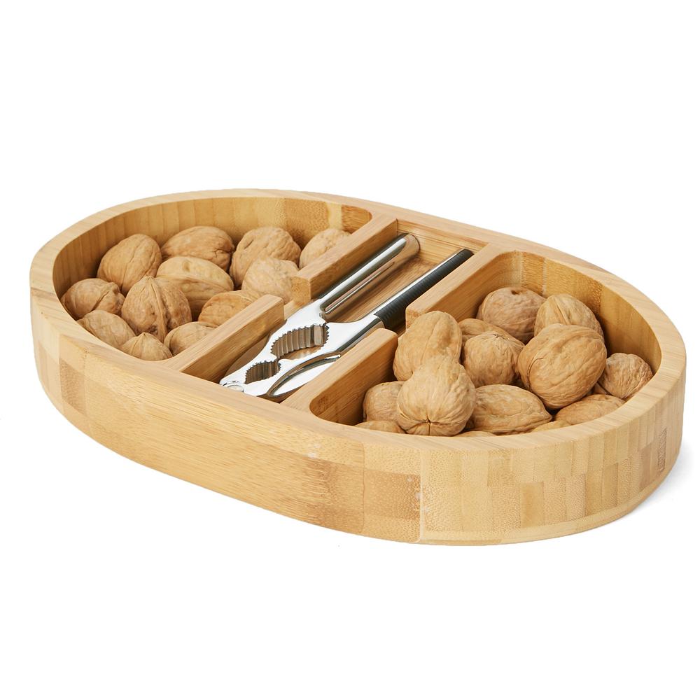 Mind Reader Brown Bamboo Nut Cracker Bowl Set with Stainless Steel Metal Nut Cracker, Brown