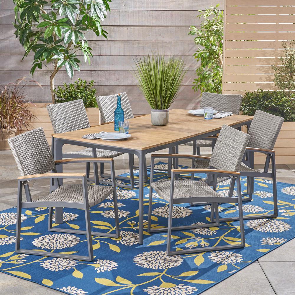 Noble House Westcott Gray 7-Piece Aluminum and Wicker Outdoor Dining ...