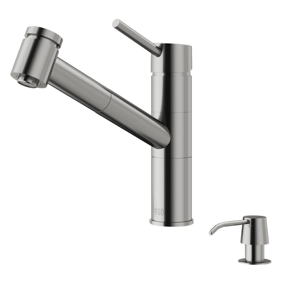 Vigo Branson Single Handle Pull Out Sprayer Kitchen Faucet With Soap Dispenser In Stainless Steel