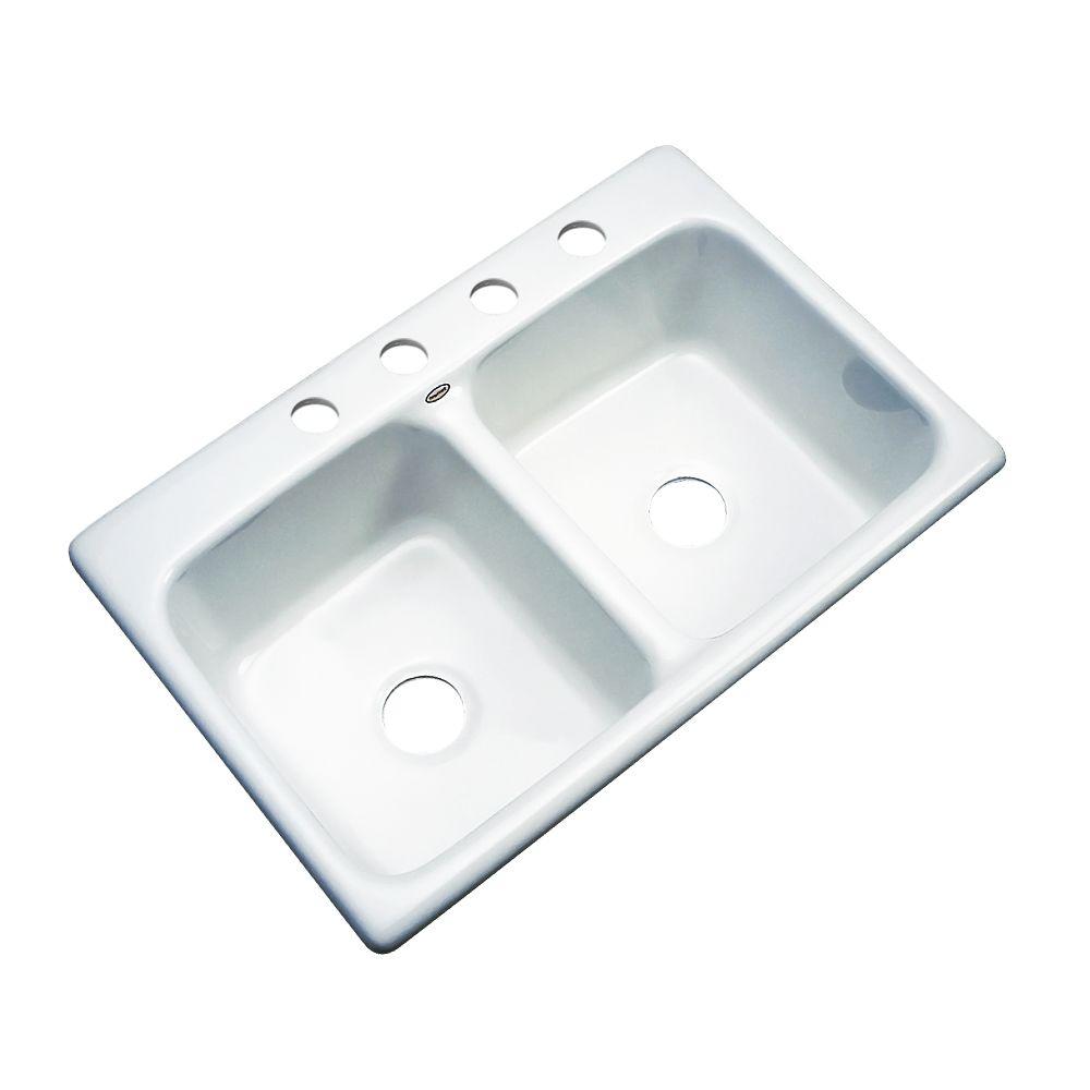 Thermocast Newport Drop In Acrylic 33 In 4 Hole Double Bowl Kitchen Sink In White