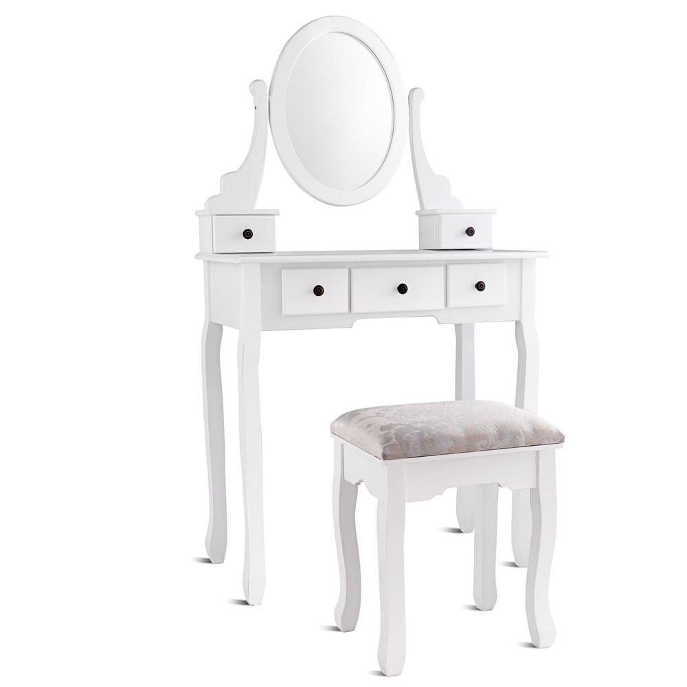 Costway 2 Piece White Makeup Desk Vanity Dressing Table Set With