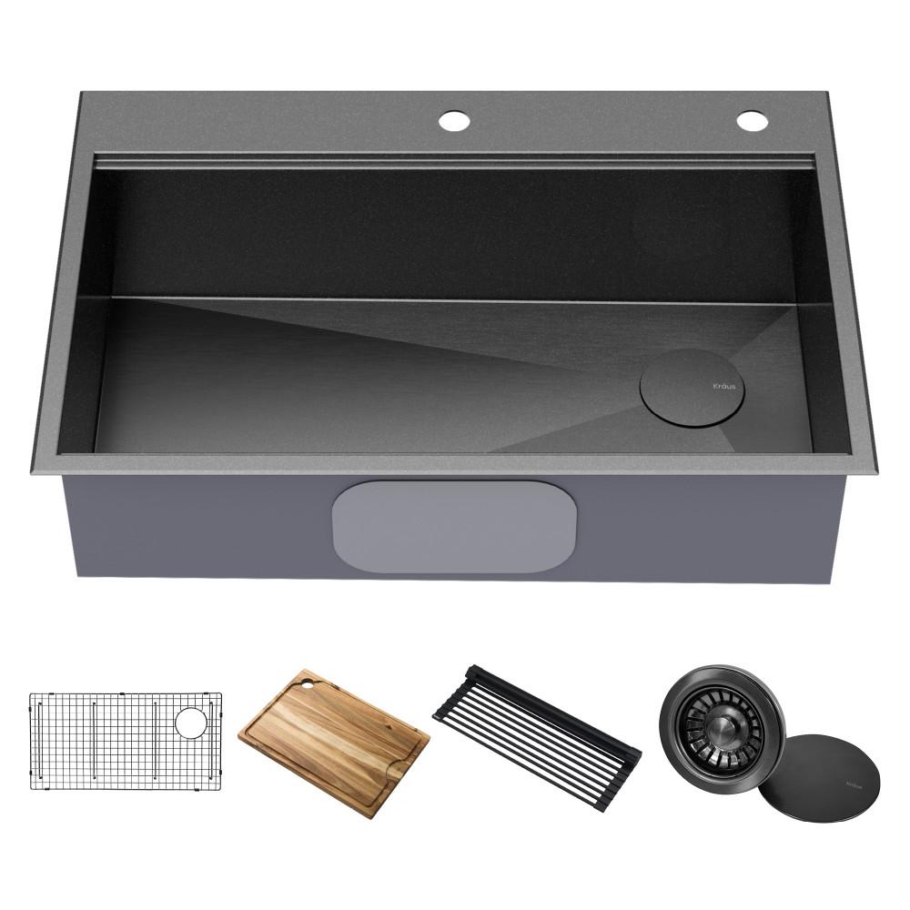 Kraus Kore Workstation 33 inch Topmount Drop-In 16 Gauge Stainless Steel Single Bowl Kitchen Sink in PVD Gunmetal Finish with Accessories