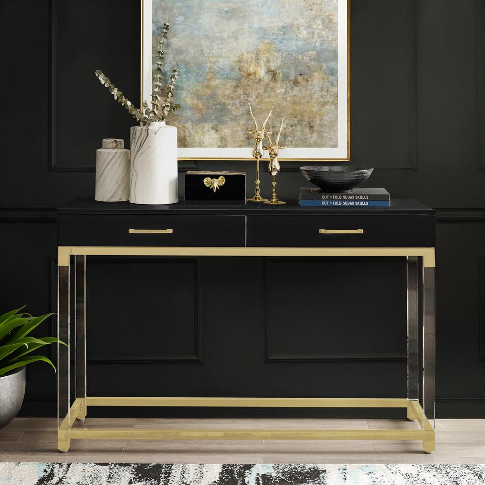 Inspired Home Caspian Black Gold Console Table With High Gloss
