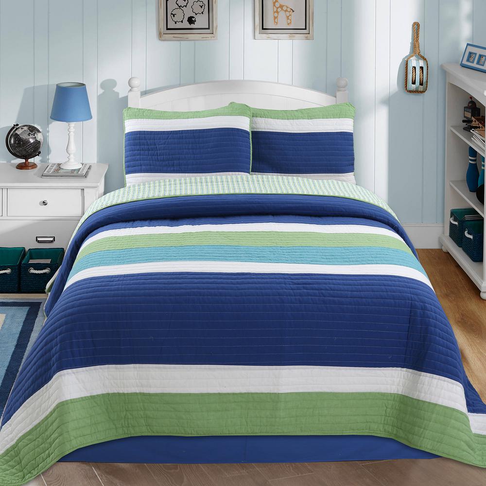 Cozy Line Home Fashions Nautical Color Stripped 2 Piece Navy Blue Turquoise Green White Cotton Twin Quilt Bedding Set Bb2019 001t The Home Depot