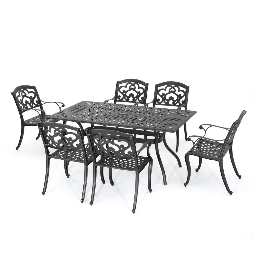 Atlanta Outdoor 7 Piece Cast Aluminum Rectangular Dining Set, Shiny Copper Finish