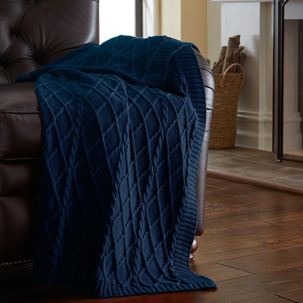 Teal Blue Cotton Oversized Cable Diamond Knit Throws