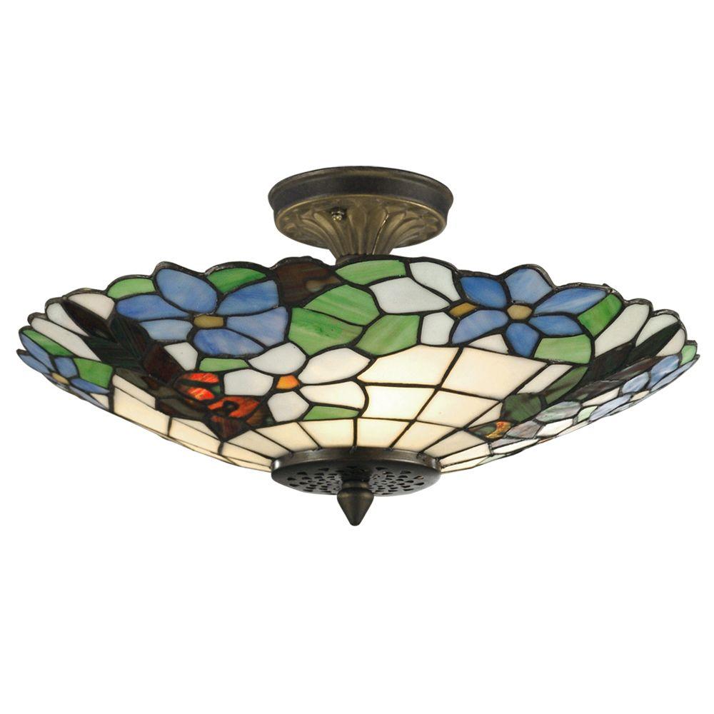 3 Light Antique Brass Semi Flush Mount With Art Glass Shade