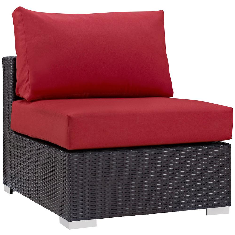 Modway Convene Patio In Espresso Wicker Armless Middle Outdoor Sectional Chair With Red Cushions