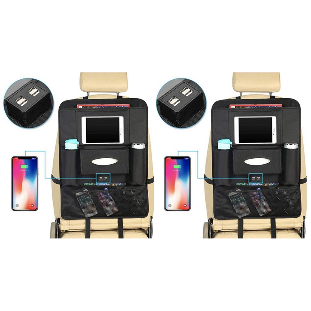 Backseat Car Organizer Tissue Box 13 Storage Pockets 4 USB Charging Ports Car Seat Organizer with Foldable Table Tray Accommodates Children and Kids Travel Needs Car Organizer with Tray