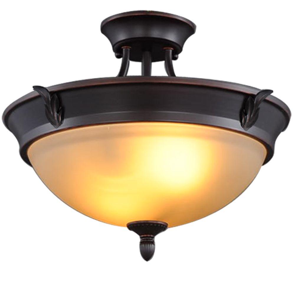 Hampton Bay 15 In 2 Light Oil Rubbed Bronze Semi Flush Mount With Tea Stained Glass Shade