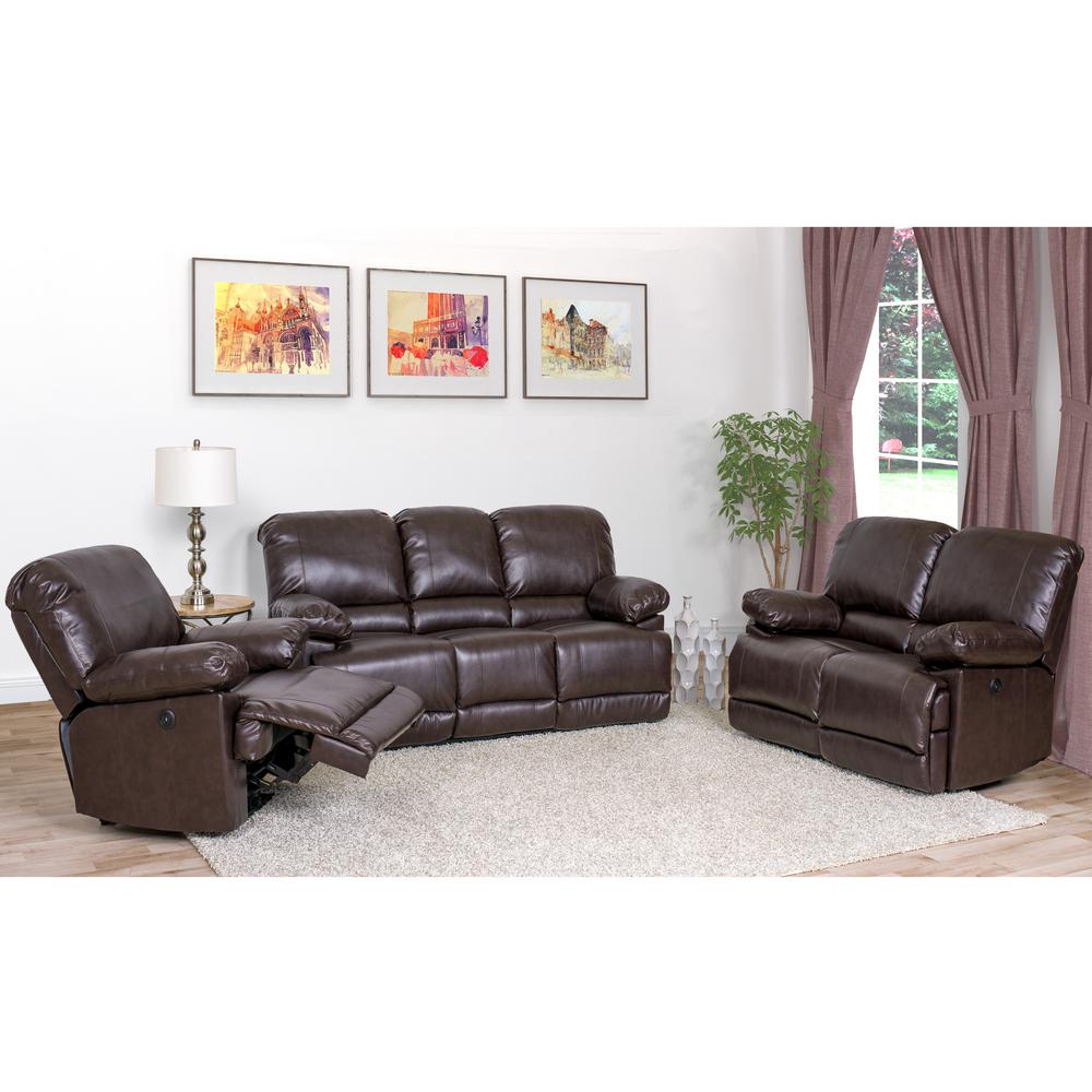 Corliving Lea 3 Piece Chocolate Brown Bonded Leather Power Recliner Sofa And Chair Set With Usb 8084