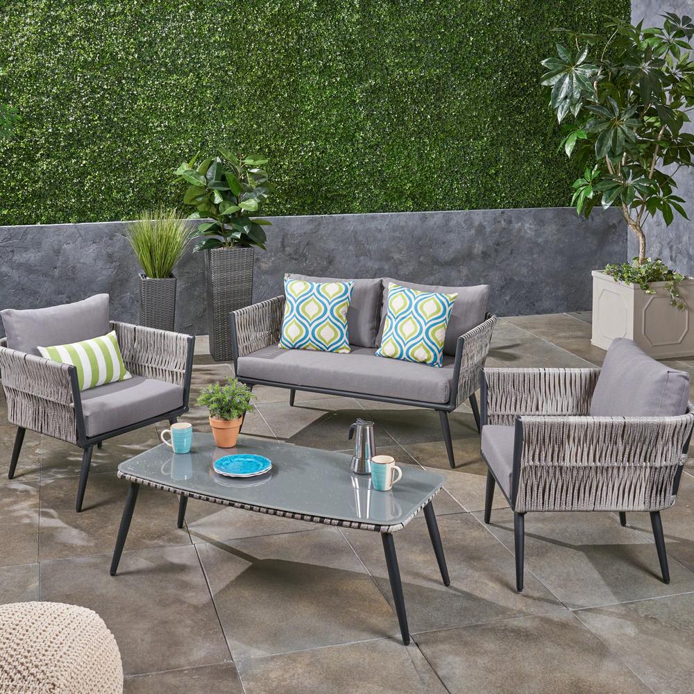 Noble House Oce Black Aluminum And Light Gray Wicker 4 Piece Patio Conversation Set With Dark Cushions