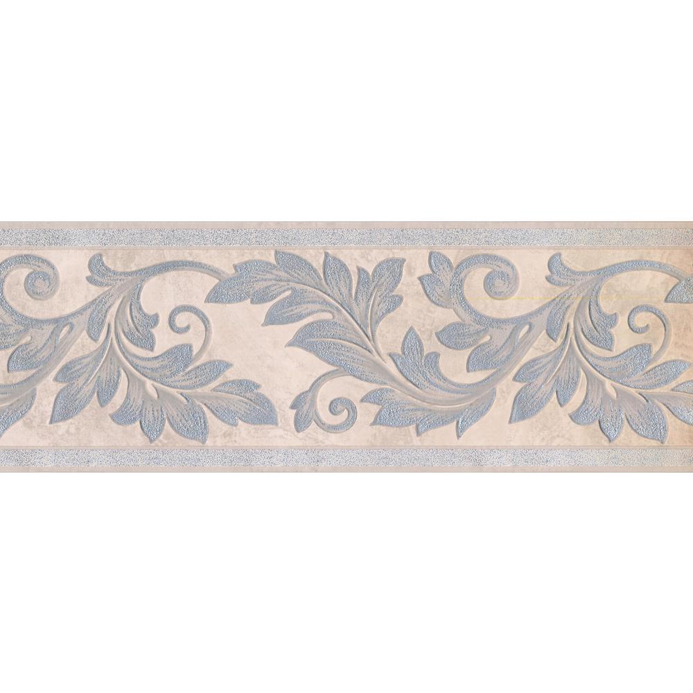 Silver Sparkling Damask Vines On Beige Abstract Prepasted Wallpaper Border
