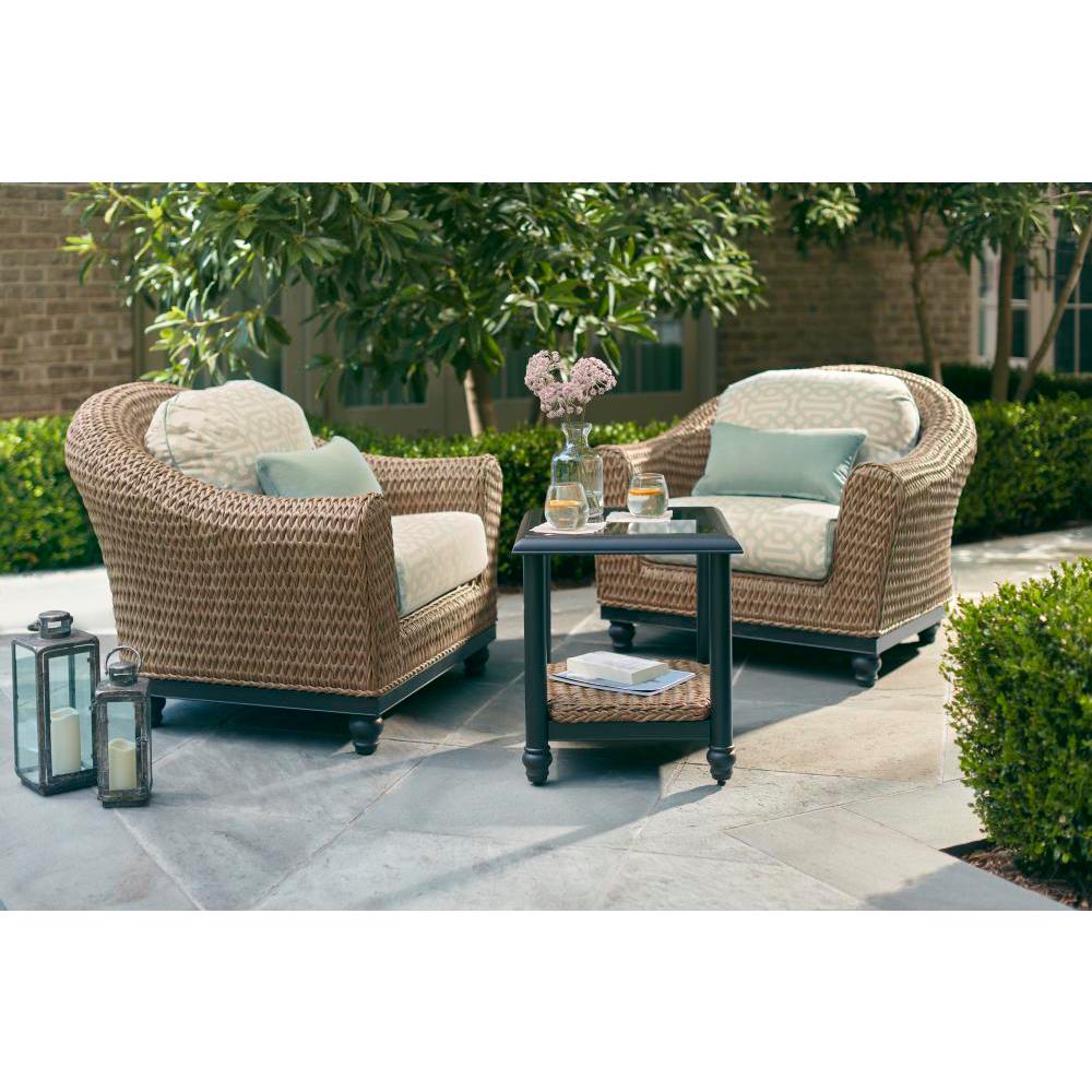Home Decorators Collection Multi Colored Wicker Patio Camden Light Brown 3 Piece Wicker Outdoor Chat Set With Sunbrella Fretwork Mist Cushions
