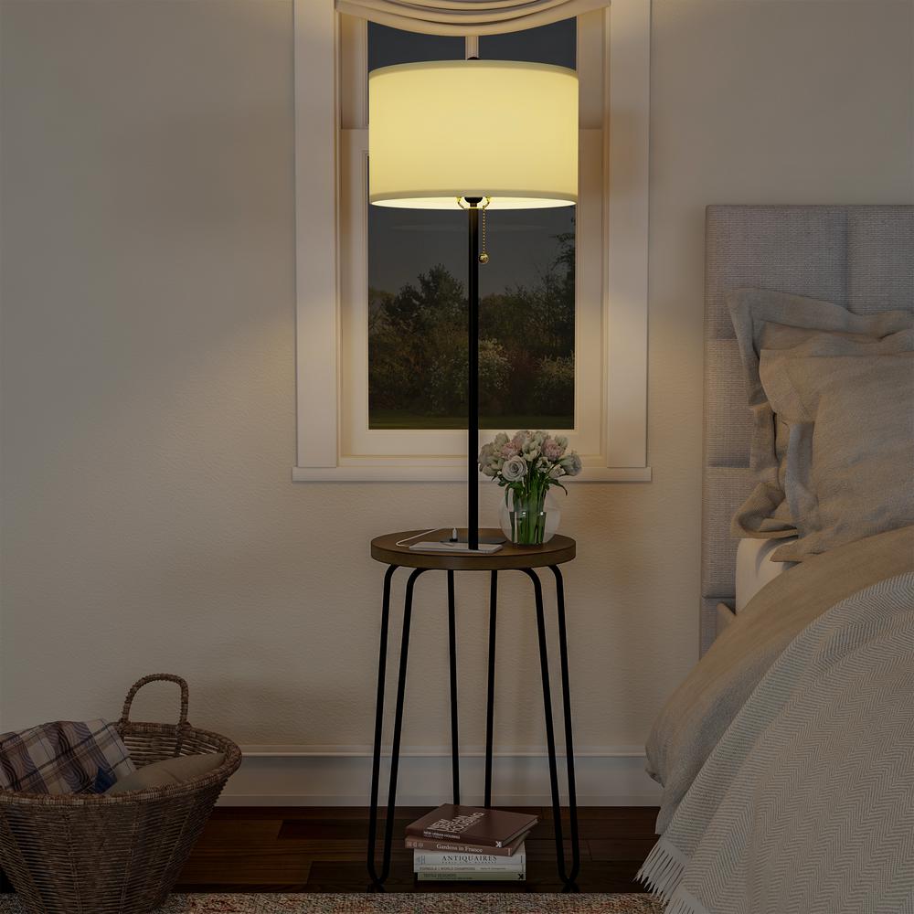 Brand Light Bulb Included Rivet Mid-Century Modern Floor Lamp with Wireless USB Port Charging Wood Table 59H Black