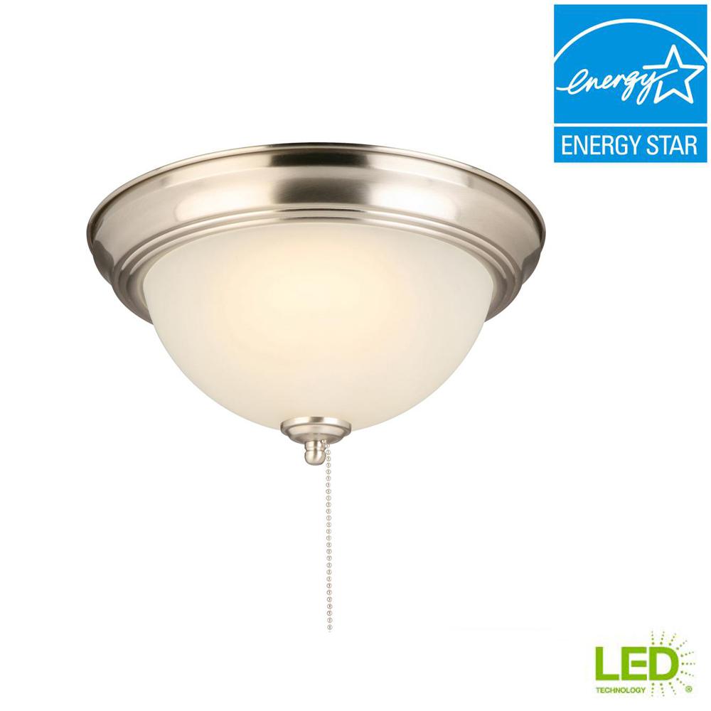 Hampton Bay 11 In 60 Watt Equivalent Brushed Nickel Integrated Led Flush Mount With Pull Chain And Glass Shade