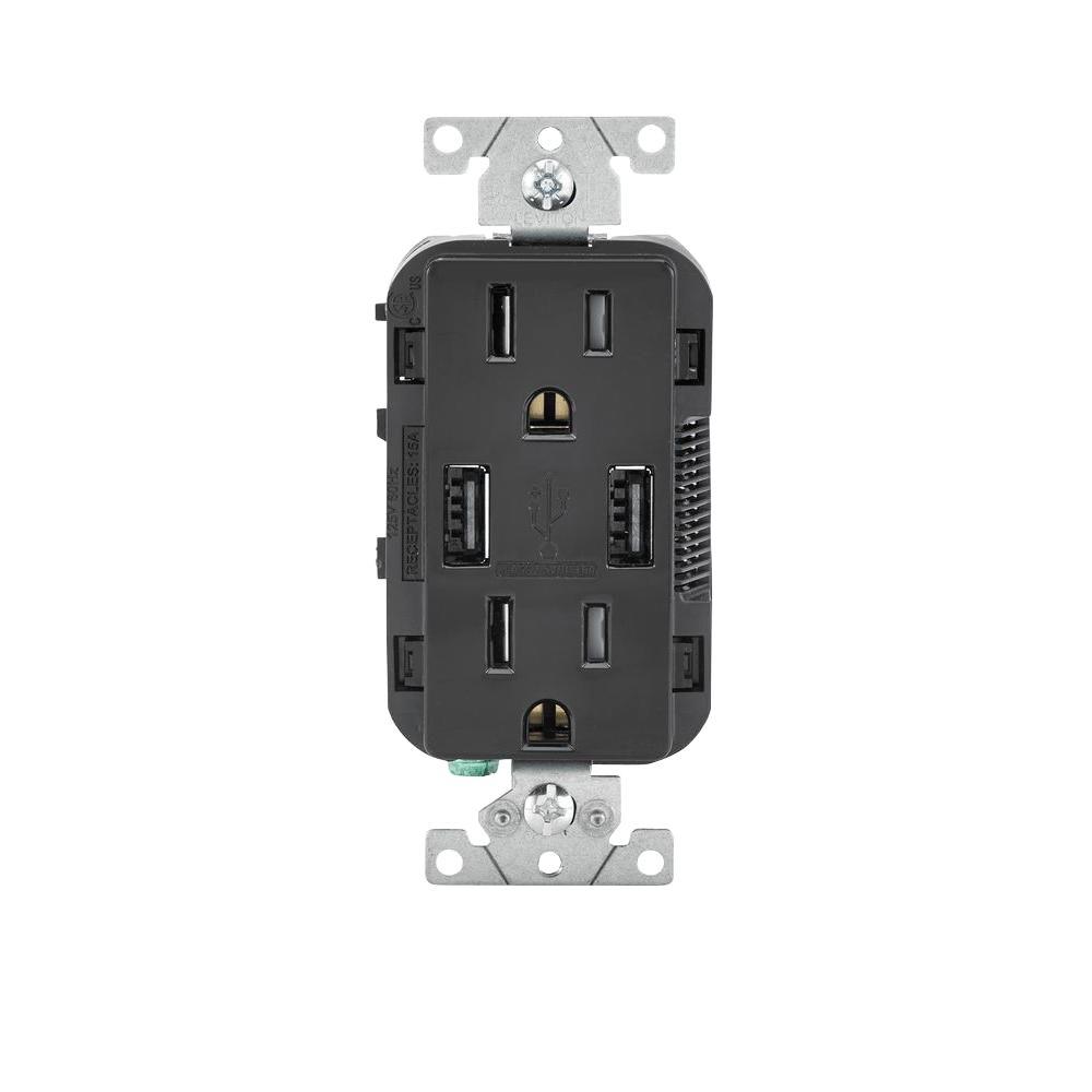 Leviton 15 Amp Decora Combination Duplex Outlet And USB Charger, Black ...