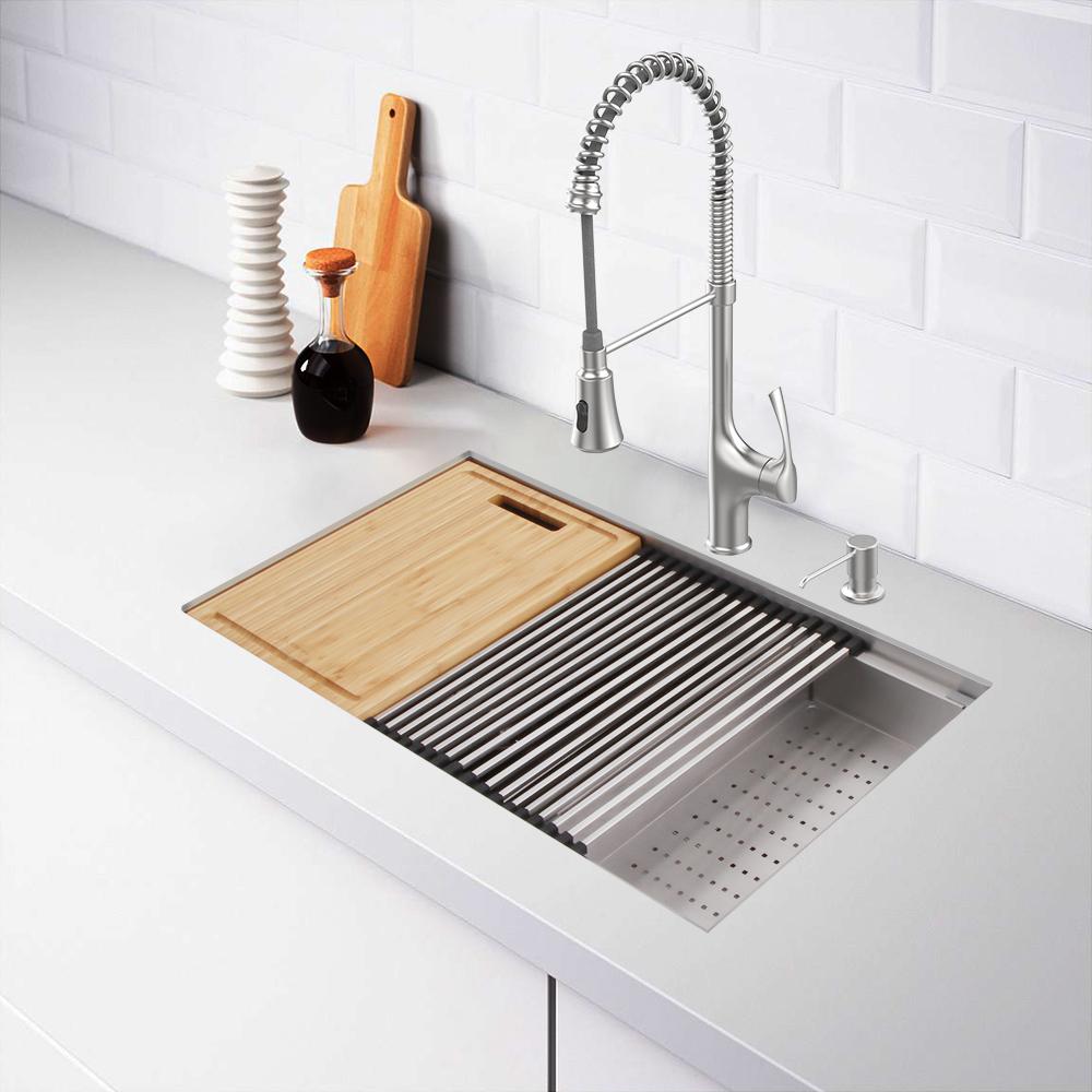 Deals List: Glacier Bay 27" All-in-One Undermount Single Bowl Stainless Steel Kitchen Workstation Sink with Accessories Kit (4303F)