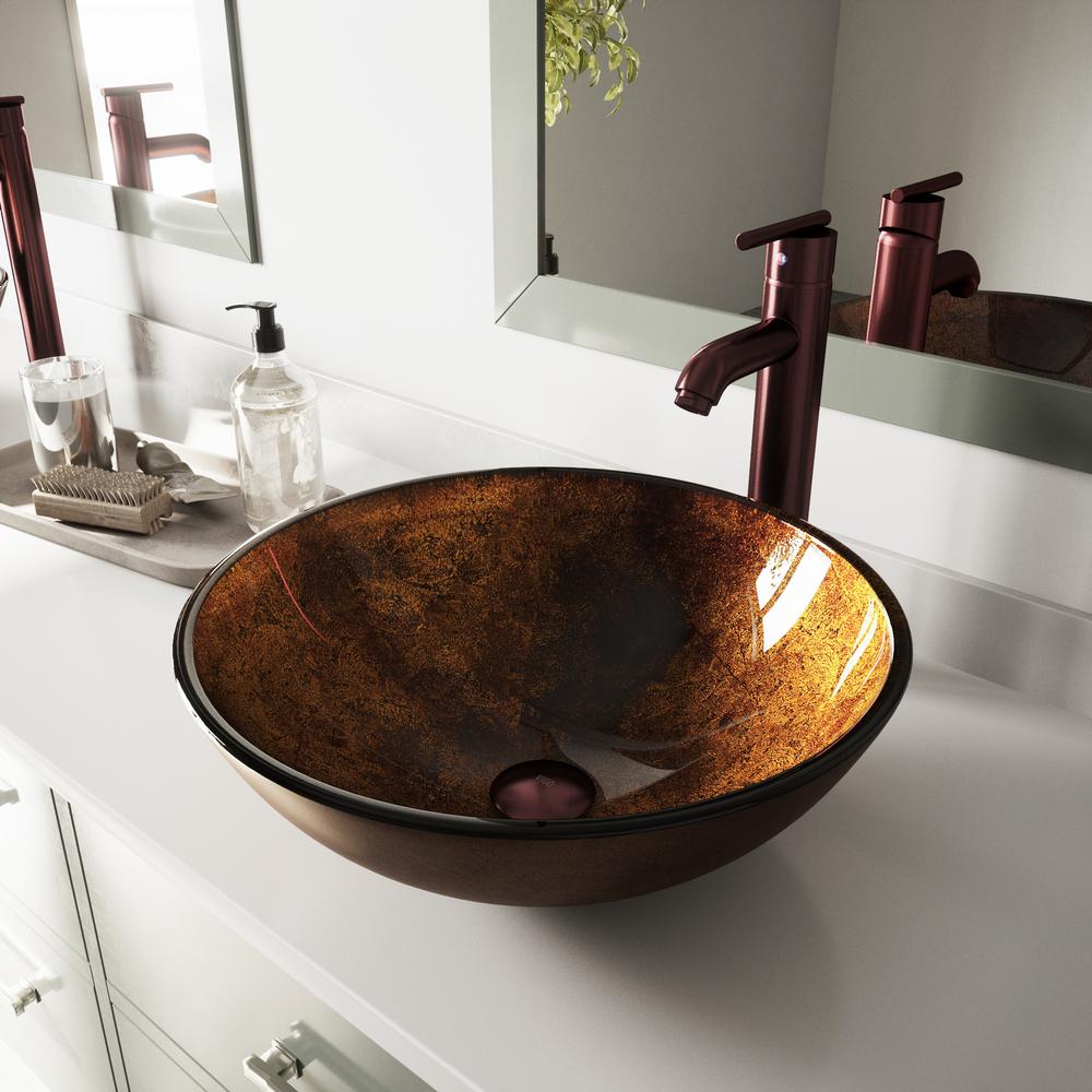 Vigo Glass Vessel Bathroom Sink In Russet With Faucet Set In Brown