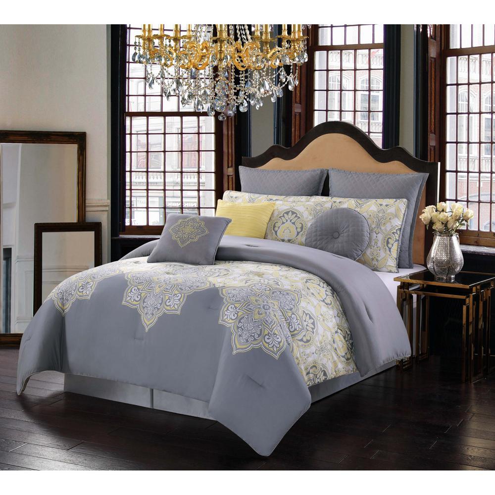 Style 212 Melania 10Piece Grey and Yellow King Comforter Set