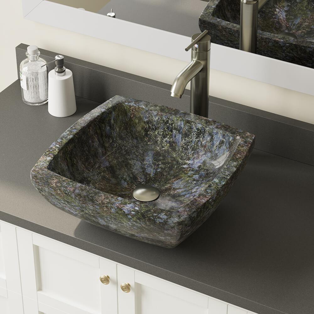 857 Butterfly Blue Granite Vessel Sink Antique Bronze Bathroom Ensemble with 718 Vessel Faucet Bundle - 3 Items: Sink, Faucet, and Pop Up Drain