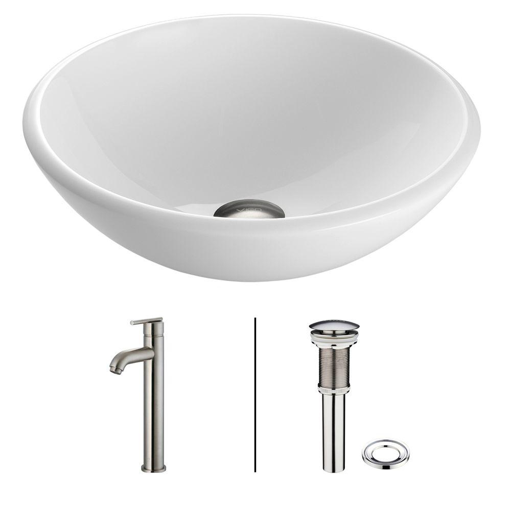 VIGO Phoenix Stone Glass Vessel Sink in White with Faucet in Brushed ...