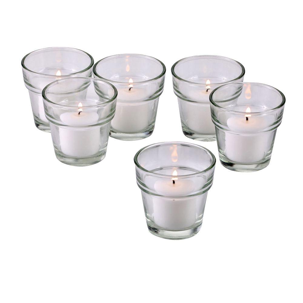 Light In The Dark Clear Glass Flower Pot Votive Candle Holders with White Votive Candles (Set of