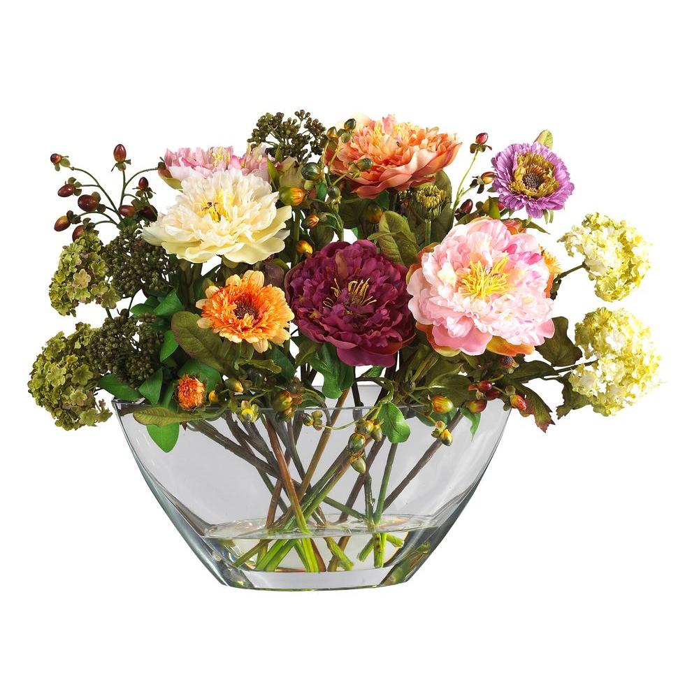 14 In Peony Silk Flower Arrangement With Glass Vase 14 In Peony Silk Flower Arrangement With Glass Vase