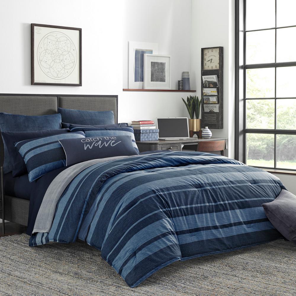 Nautica Longpoint 3 Piece Navy Blue Striped Cotton Full Queen Comforter Set Ushsa51111831 The Home Depot