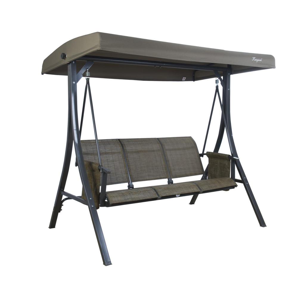 Kozyard Brenda 3-Person Powder Coated Steel Gray Frame Patio Swing with Taupe Color Canopy and Textilence Seats