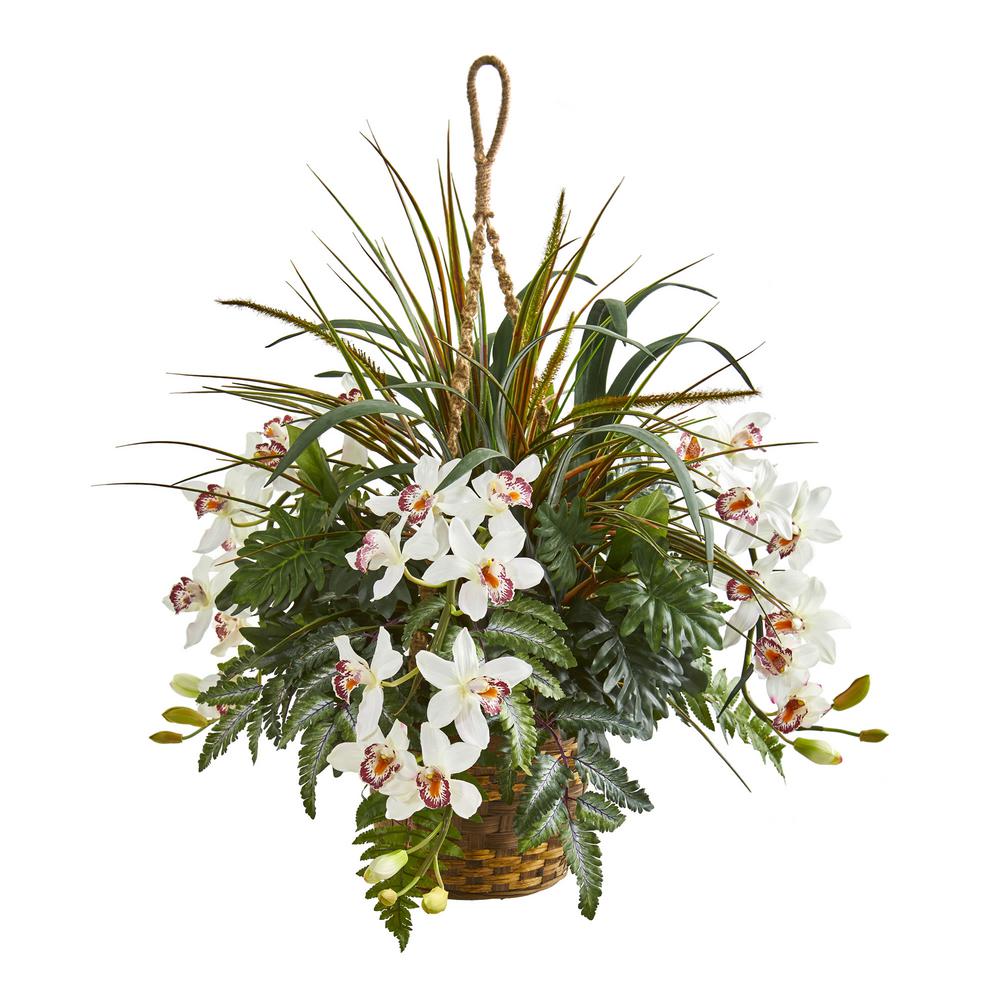 Nearly Natural 29 in. Indoor Cymbidium Orchid and Mixed Greens