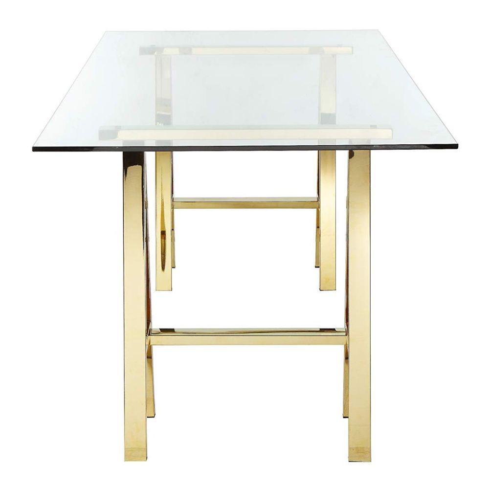 Benjara Gold And Clear Glass Writing Desk With Metal Sawhorse