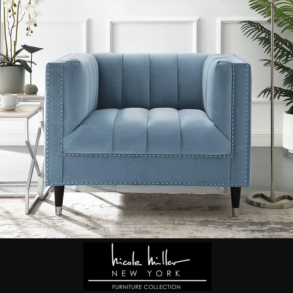 Nicole Miller Joan Velvet Club Arm Chair Slate Blue Chrome Tufted