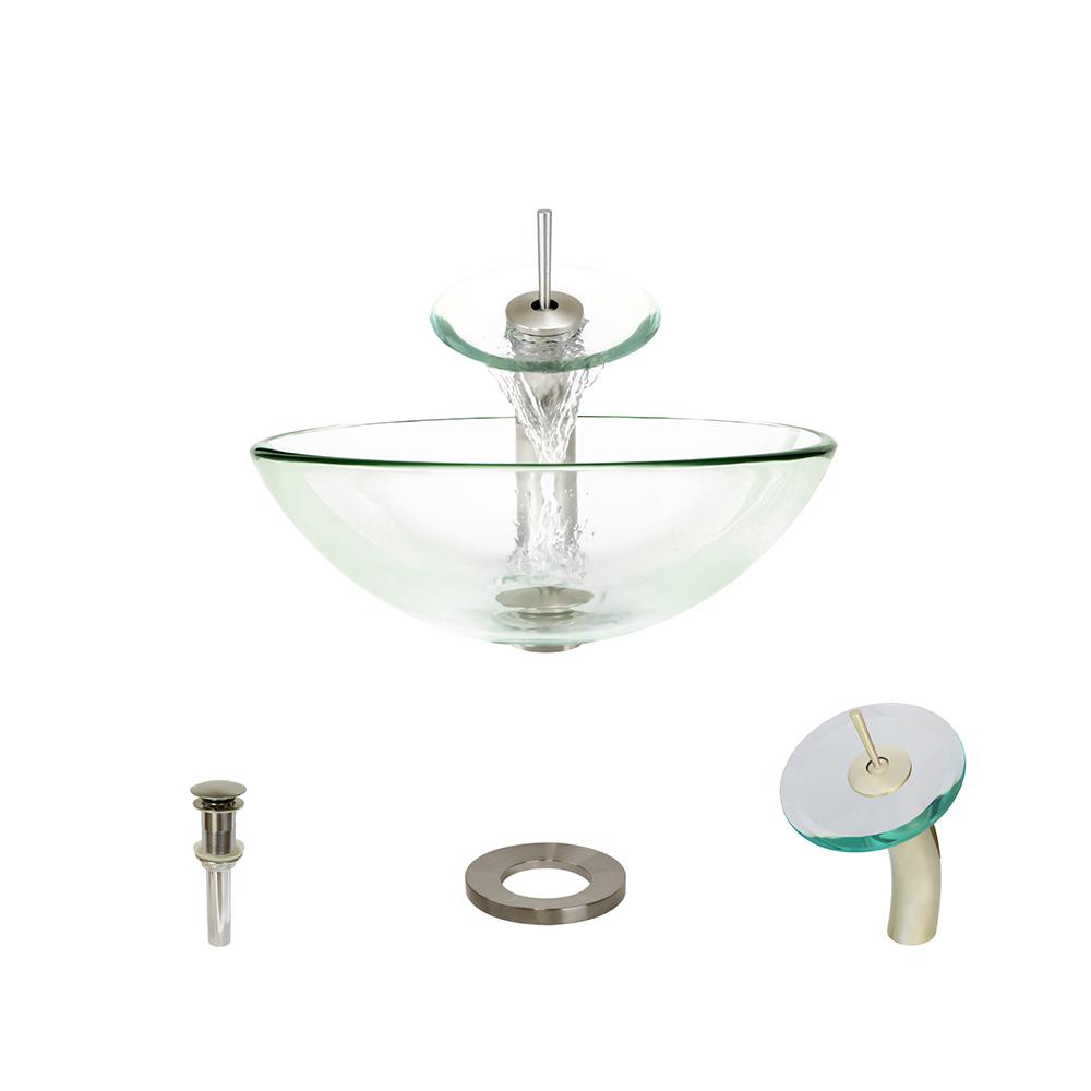 MR Direct Glass Vessel Sink in Crystal with 726 Faucet and PopUp Drain in Brushed Nickel603CR
